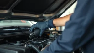 Close-up of a professional mechanic inspecting a vehicle's fuel system components under the hood, wearing safety gloves, natural workshop lighting, detailed engine bay visible, sustainable repair practices
