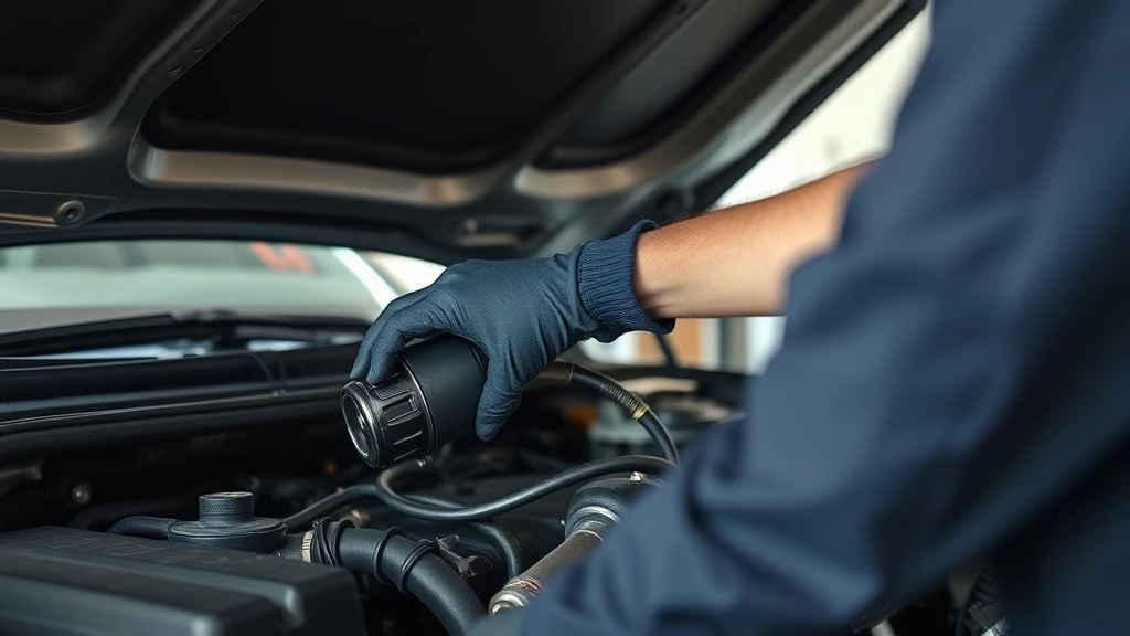 Close-up of a professional mechanic inspecting a vehicle's fuel system components under the hood, wearing safety gloves, natural workshop lighting, detailed engine bay visible, sustainable repair practices