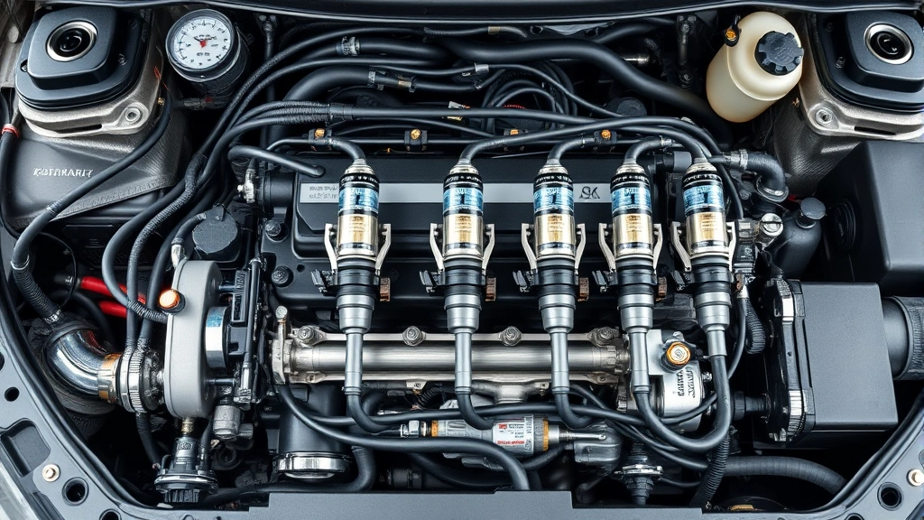 Overhead view of a modern fuel injection system with precision injectors, fuel rails, and pressure regulators in an engine bay, technical automotive components, clean professional environment, eco-conscious maintenance