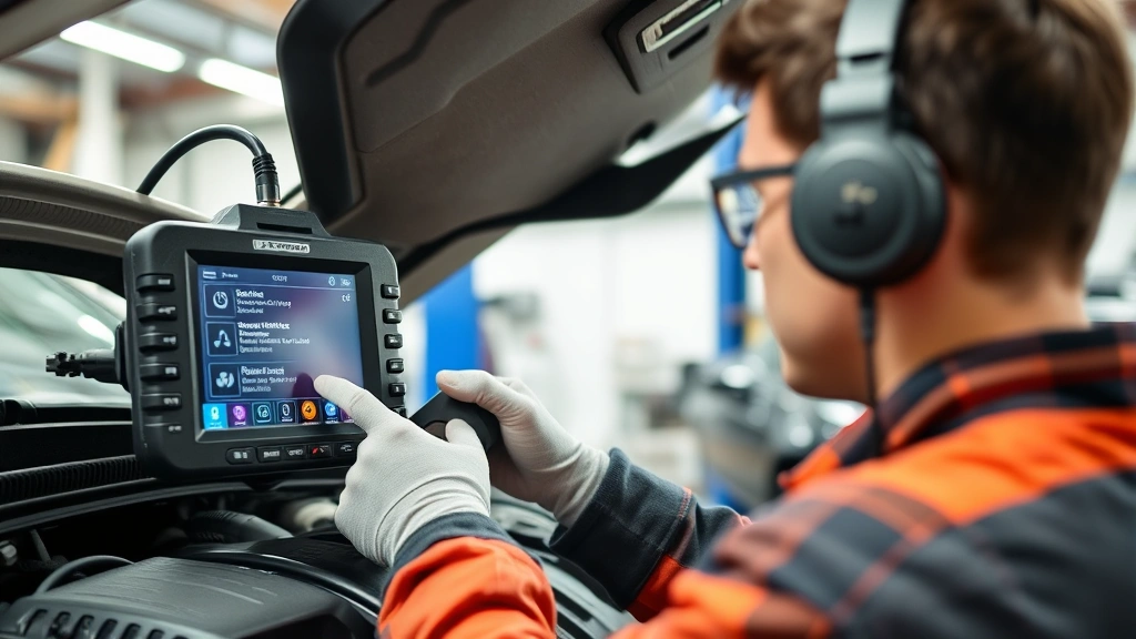 Mechanic using diagnostic scanning equipment on a vehicle's engine control system, digital display showing fault codes, professional garage setting with proper ventilation, sustainable automotive service practices