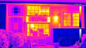 Thermal imaging of a house showing heat loss through windows and walls in blue and purple, demonstrating energy inefficiency in a residential home during winter