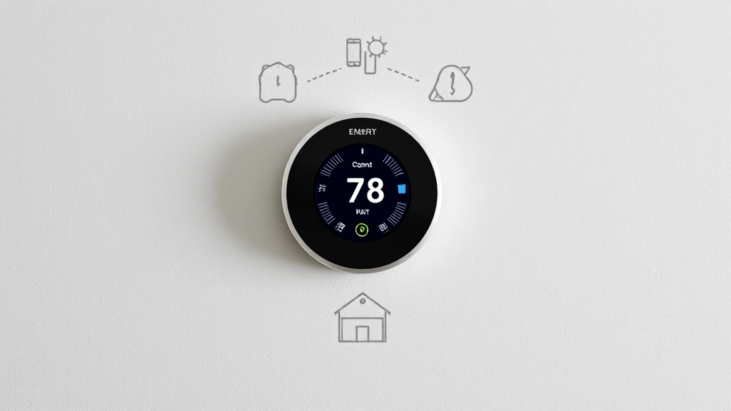 Modern smart thermostat mounted on a light gray wall displaying temperature settings, surrounded by comfort symbols representing home automation and energy management