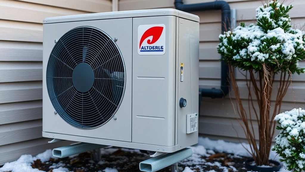 Close-up of modern heat pump unit installed outside a residential home, showing the outdoor component with frost-resistant design during cold weather conditions