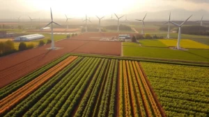 Aerial view of sustainable farm with diverse crops and wind turbines, morning sunlight, no text or signage