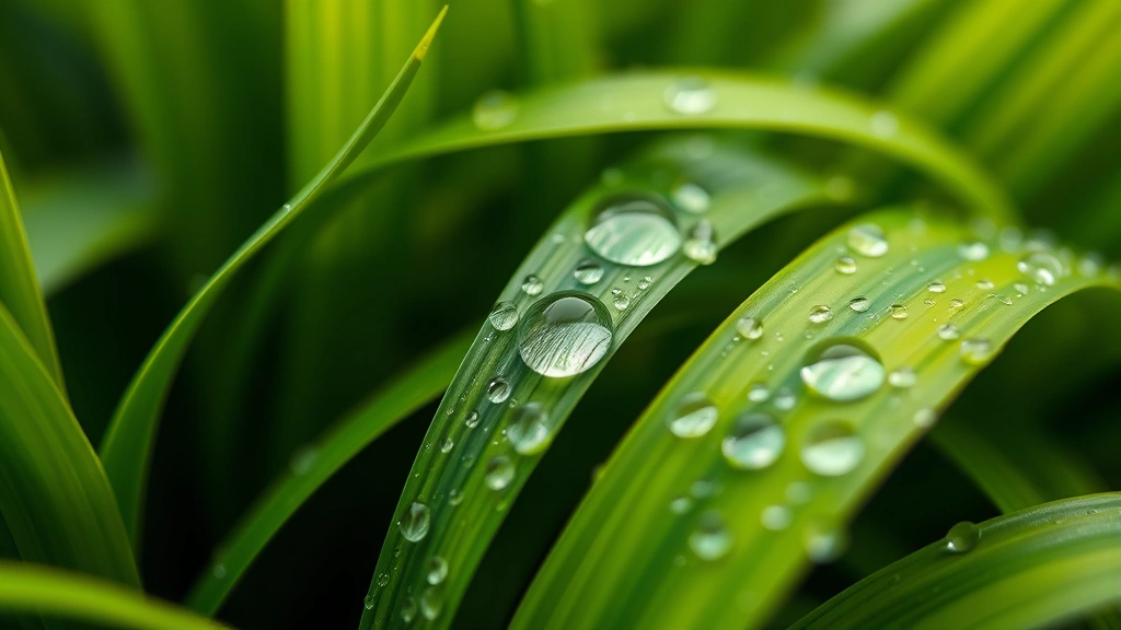 Close-up of green plant leaves with water droplets, shallow depth of field, photorealistic natural lighting