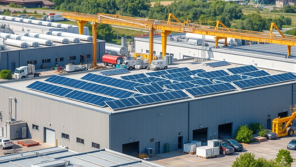 Industrial manufacturing facility with solar panels on rooftop, modern sustainable technology, no visible text