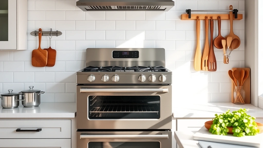 Professional stainless steel gas range with four burners and convection oven in modern bright kitchen with white subway tile backsplash, natural light streaming through window, cooking utensils and fresh herbs on counter