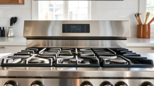 Professional stainless steel gas range in modern kitchen with natural light streaming through windows, showing sealed burners and cast iron grates, no text or labels visible