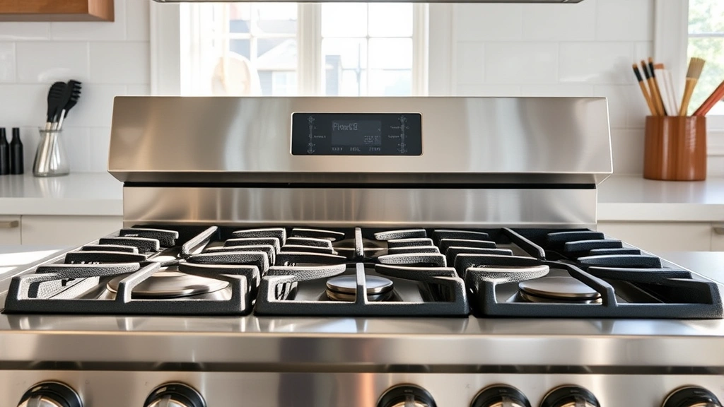 Professional stainless steel gas range in modern kitchen with natural light streaming through windows, showing sealed burners and cast iron grates, no text or labels visible