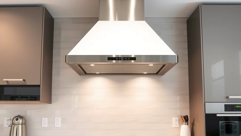 Modern kitchen with range hood ventilation system installed above cooking area, showing proper ventilation setup with stainless steel elements and clean contemporary design