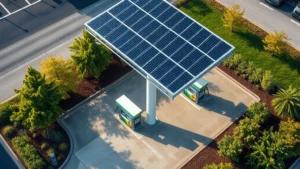 Aerial view of modern gas station pumps with green landscaping and solar panels on canopy, natural lighting, sustainable fueling infrastructure