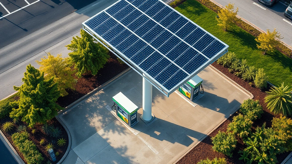Aerial view of modern gas station pumps with green landscaping and solar panels on canopy, natural lighting, sustainable fueling infrastructure