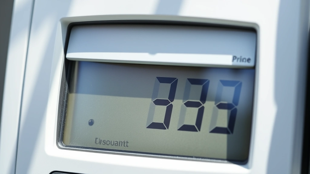 Close-up of fuel pump display showing price and consumption data, clean minimalist design, bright daylight, eco-conscious consumer perspective