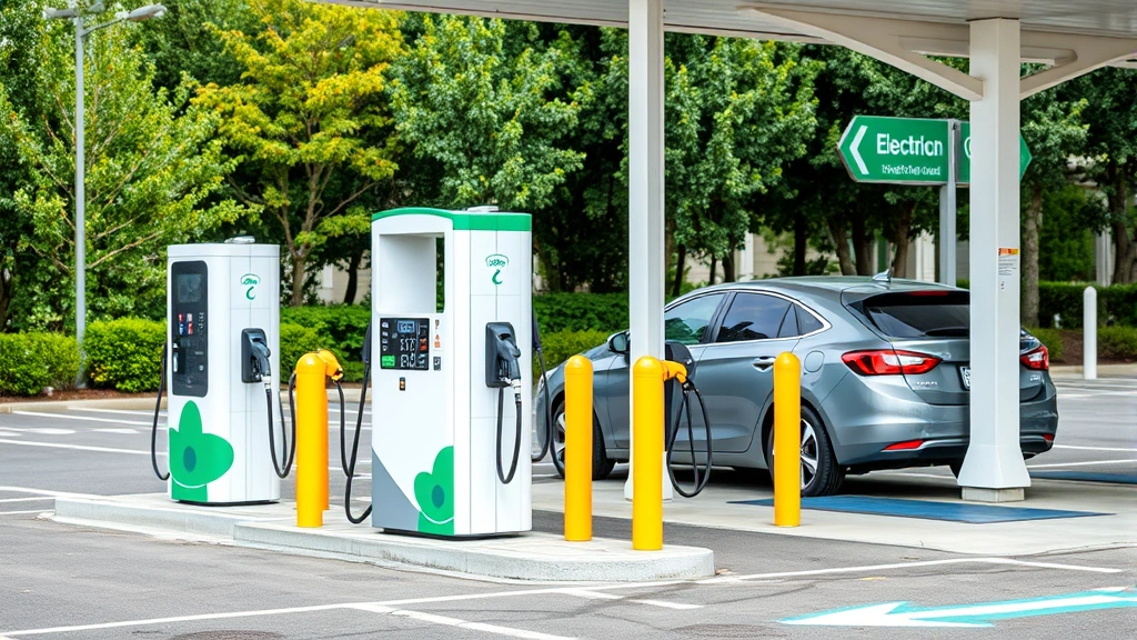 Electric vehicle charging station adjacent to traditional gas pumps, contrasting technologies, modern parking lot, sustainable transportation infrastructure