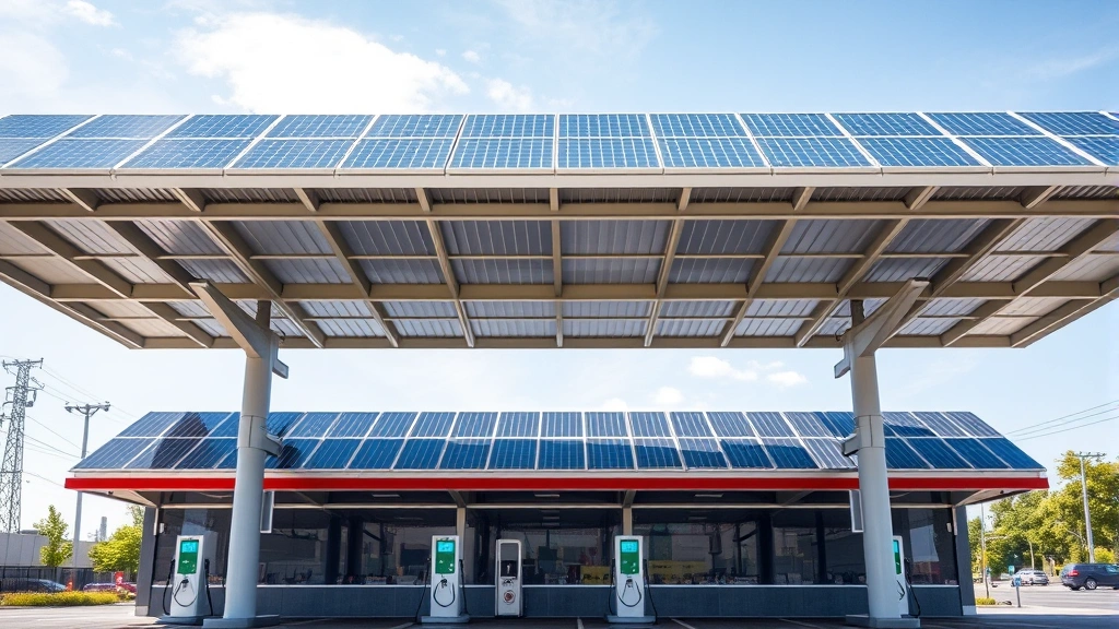Solar panels on modern gas station canopy with electric vehicle charging stations underneath, realistic photographic style, clean renewable energy infrastructure