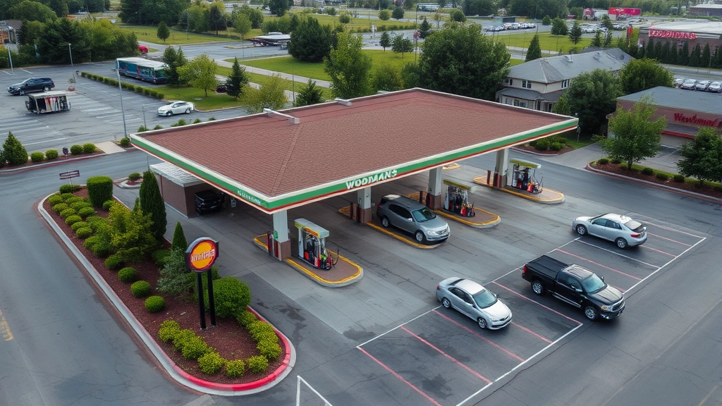 Aerial view of busy Woodman's fuel station parking lot with multiple pumps, customers refueling vehicles, green landscaping surrounding property, daytime lighting