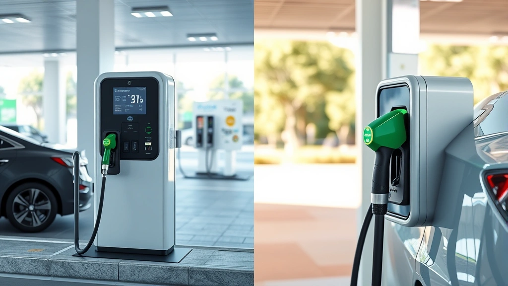 Side-by-side comparison visualization showing electric vehicle charging port next to traditional gas pump nozzle, modern retail environment, natural lighting
