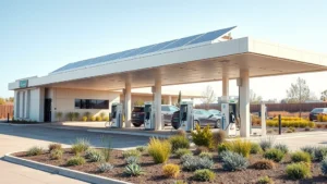 Modern gas station with integrated solar panels on roof, green landscaping with native plants, electric vehicle charging stations visible, clean contemporary architecture, daytime bright sunlight, no people