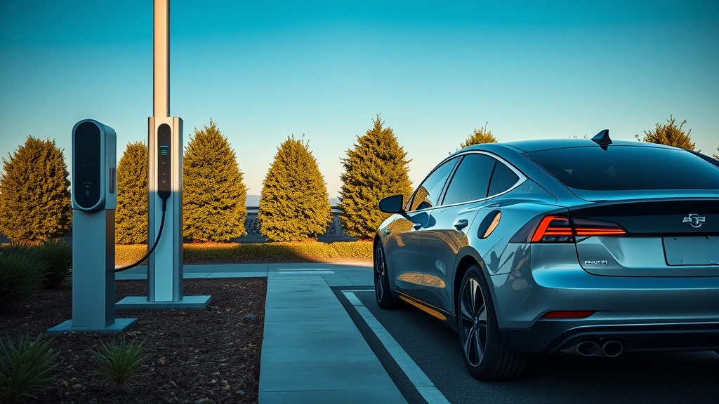 Electric vehicle actively charging at modern station with LED charging indicator lights, contemporary pump design, manicured grounds, blue sky, no text or signage visible, photorealistic