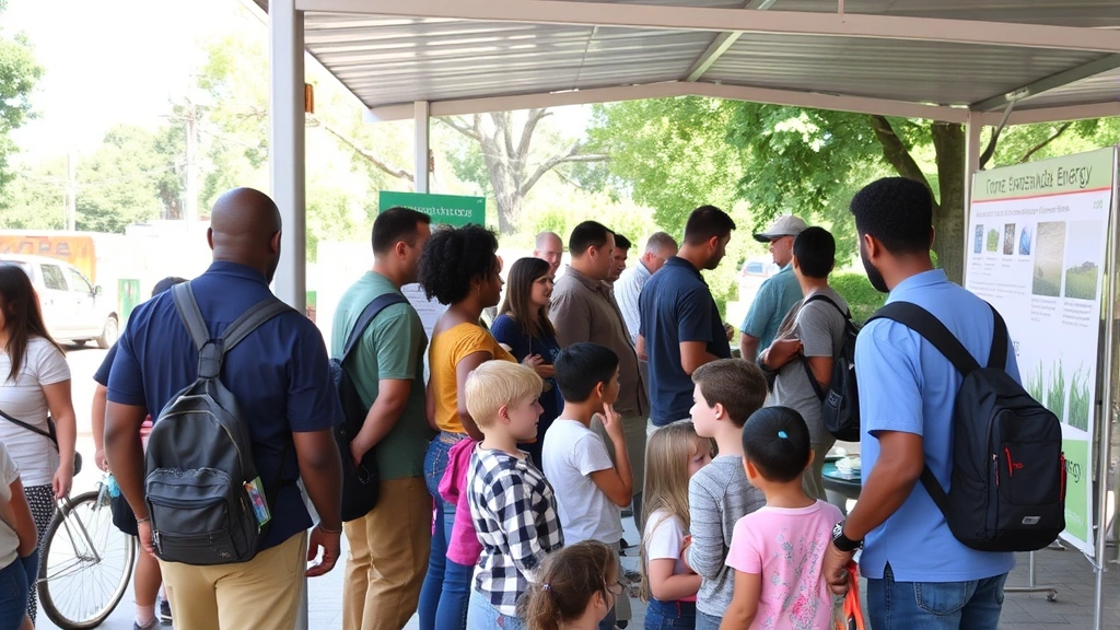 Diverse community members at sustainable fuel station event, families exploring green energy displays, informational banners about renewable energy, outdoor educational setup, natural lighting, no readable text on materials