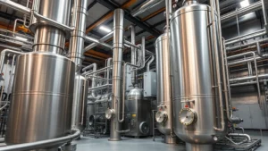 Industrial cryogenic air separation facility with large stainless steel distillation columns and refrigeration systems, showing the technological infrastructure for noble gas extraction from atmosphere, professional industrial photography