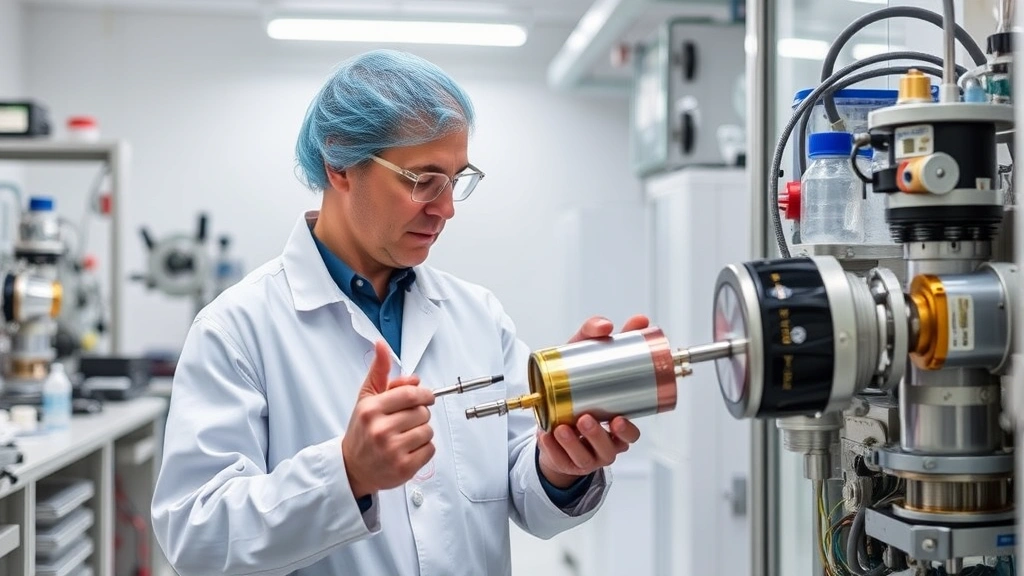 Aerospace engineer working with xenon ion propulsion system components in clean laboratory environment, holding precision equipment and specialized containers, demonstrating advanced space technology applications