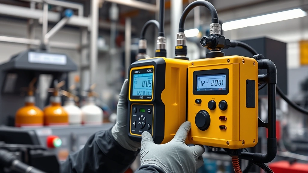 Professional technician carefully calibrating a yellow and black XNX gas detector unit in a well-lit industrial laboratory setting, with calibration gas cylinders visible in the background, showing precision measurement equipment and digital display readings