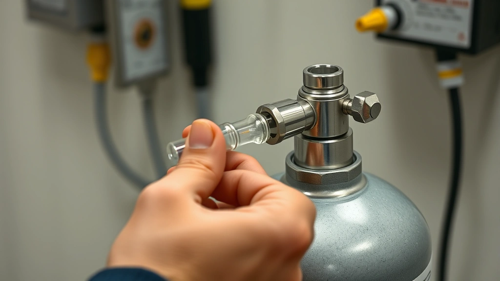 Close-up of hands holding calibration gas cylinder connected to gas detector sampling inlet with clear tubing, showing proper connection technique and safety equipment in a controlled calibration environment with neutral background