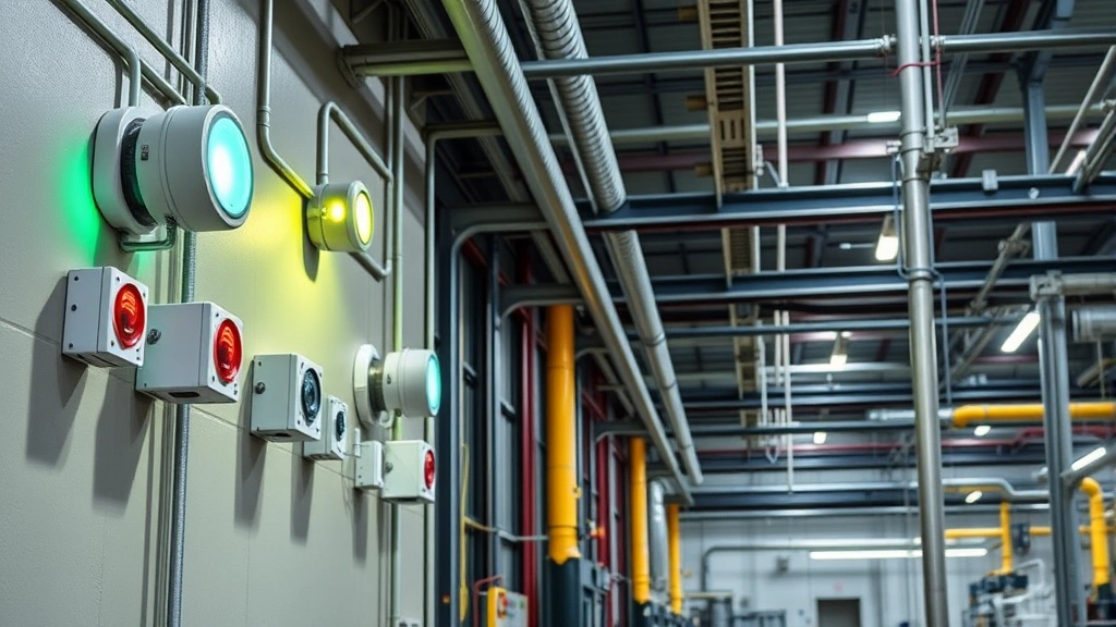 Industrial facility with multiple wall-mounted gas detection sensors and monitoring equipment in operation, showing real-world deployment of properly calibrated detection systems in a manufacturing or processing environment with safety lighting