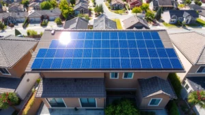 Aerial view of solar panel array installation on residential homes in suburban neighborhood, clean modern roofing with photovoltaic cells, bright sunlight reflecting off blue panels, residential streets visible below
