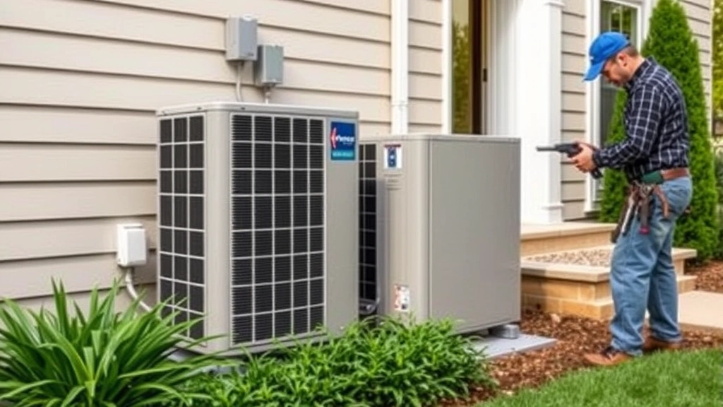 Modern heat pump outdoor unit installed beside traditional home exterior, technician performing maintenance with tools, green landscaping surrounding unit, clear day showing efficient HVAC technology