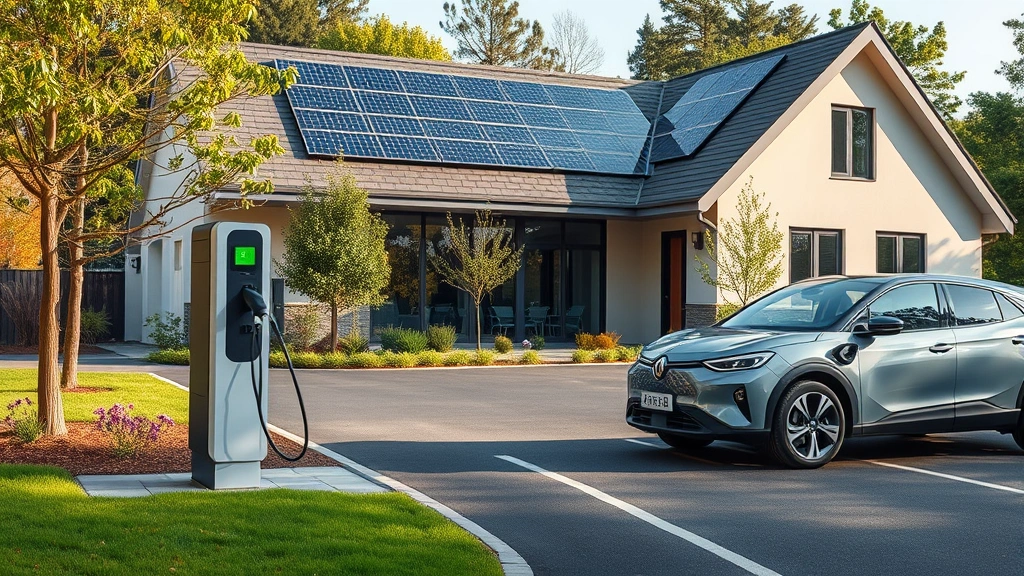 Electric vehicle charging at residential home charging station in driveway, modern house with solar panels on roof, green lawn and trees, clean energy transportation infrastructure visible