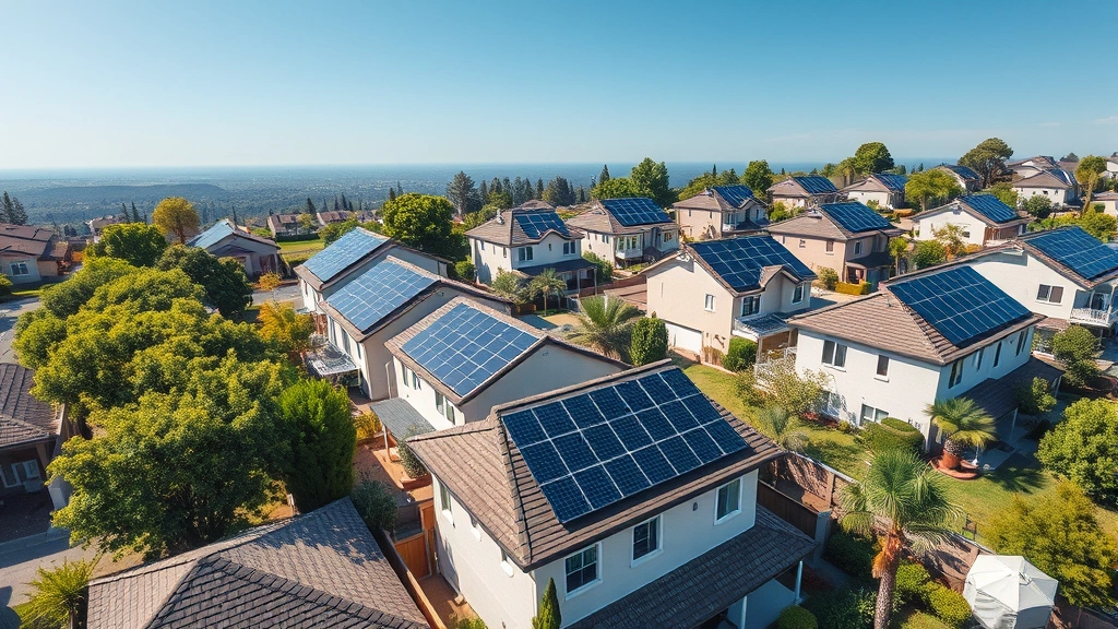 Photorealistic aerial view of modern residential neighborhood with rooftop solar panels installed on multiple homes, surrounded by green trees and landscaping, clear blue sky, sunlight reflecting off panels