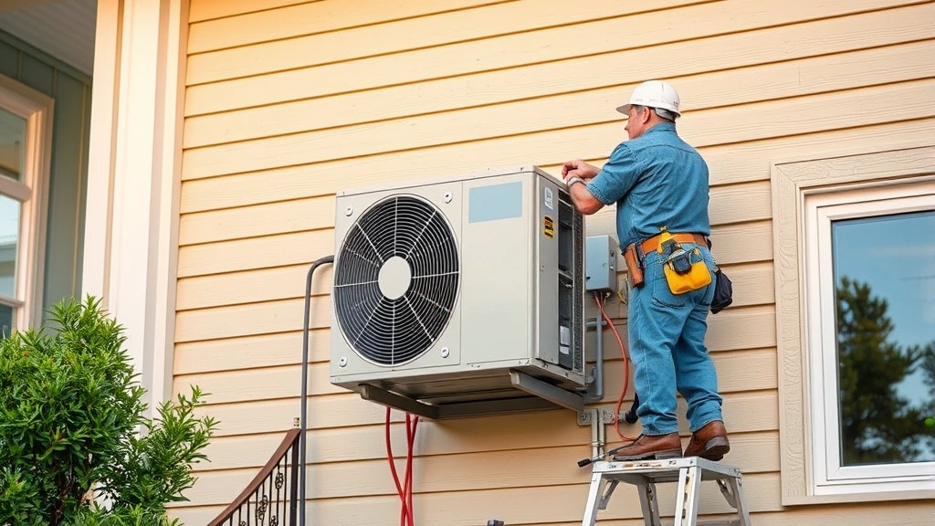 Photorealistic image of professional electrician installing a modern heat pump system on exterior wall of home, contemporary residential building, daytime lighting, tools and equipment visible, no text or labels