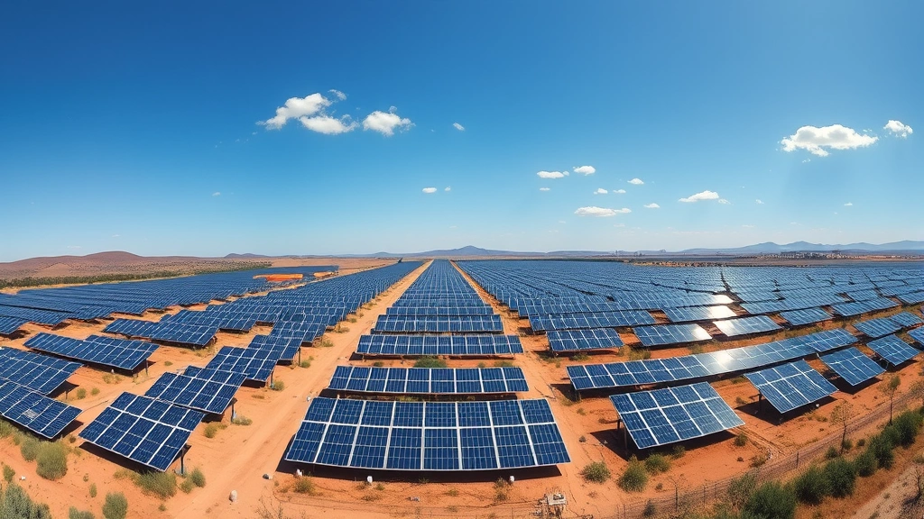 Photorealistic panoramic view of utility-scale solar farm with hundreds of solar panels in organized rows across rolling terrain, blue sky with few clouds, natural landscape integration, no signage or text visible