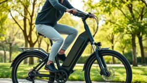 Modern electric bike with sleek battery pack integrated into frame, rider pedaling through sunny park with green trees, photorealistic, eco-friendly sustainable transport scene