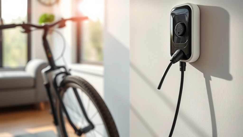 Close-up of electric bike charging port connected to wall outlet in modern home interior, natural daylight streaming through window, clean sustainable energy concept