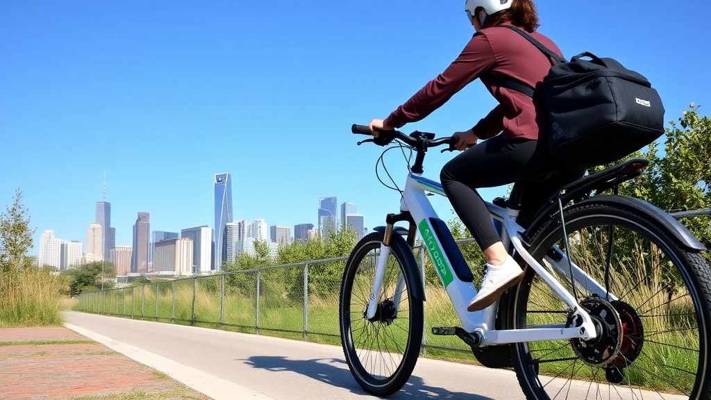 Person riding electric bike on urban path with city skyline in background, blue sky, fresh air quality, zero emissions mobility, sustainable commuting lifestyle imagery