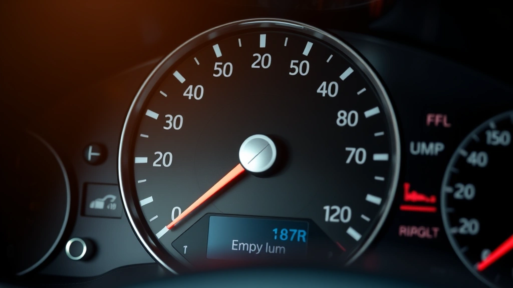 Close-up of car dashboard fuel gauge needle pointing to empty, modern vehicle instrument cluster with digital display, natural lighting