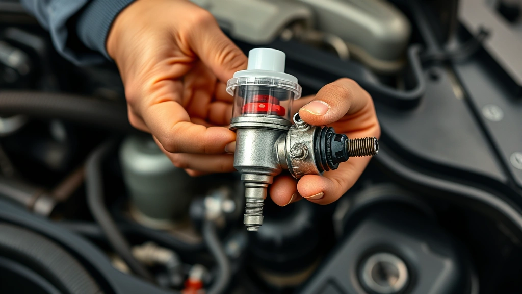 Mechanic's hands holding fuel sender unit component with float mechanism visible, fuel tank interior background, professional workshop setting