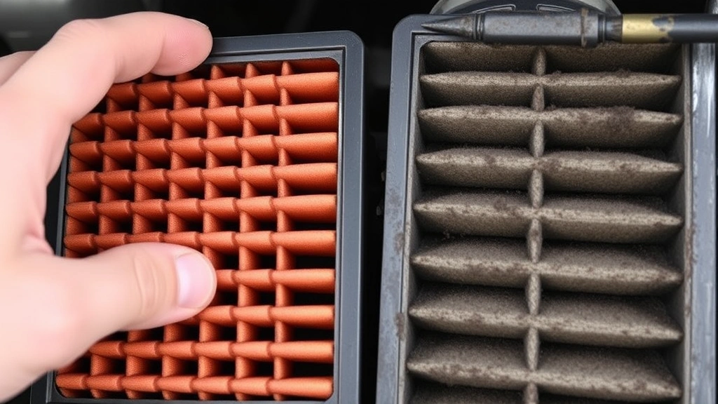 Close-up of a clean air filter being inspected next to a dirty, clogged air filter for comparison, showing the importance of regular maintenance for fuel efficiency