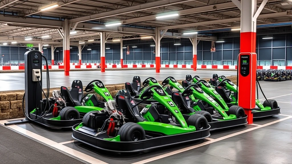 Electric go-kart charging station with multiple karts lined up, showing sustainable alternative to gas-powered recreational vehicles in modern racing facility