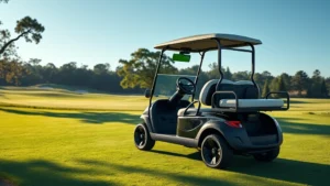 Photorealistic image of a sleek electric golf cart parked on a lush green golf course fairway with morning dew on grass, surrounded by trees and clear blue sky, no text or labels visible, showing modern sustainable design