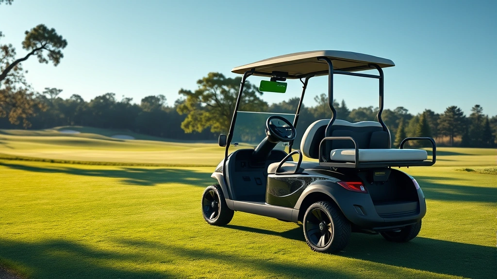 Photorealistic image of a sleek electric golf cart parked on a lush green golf course fairway with morning dew on grass, surrounded by trees and clear blue sky, no text or labels visible, showing modern sustainable design