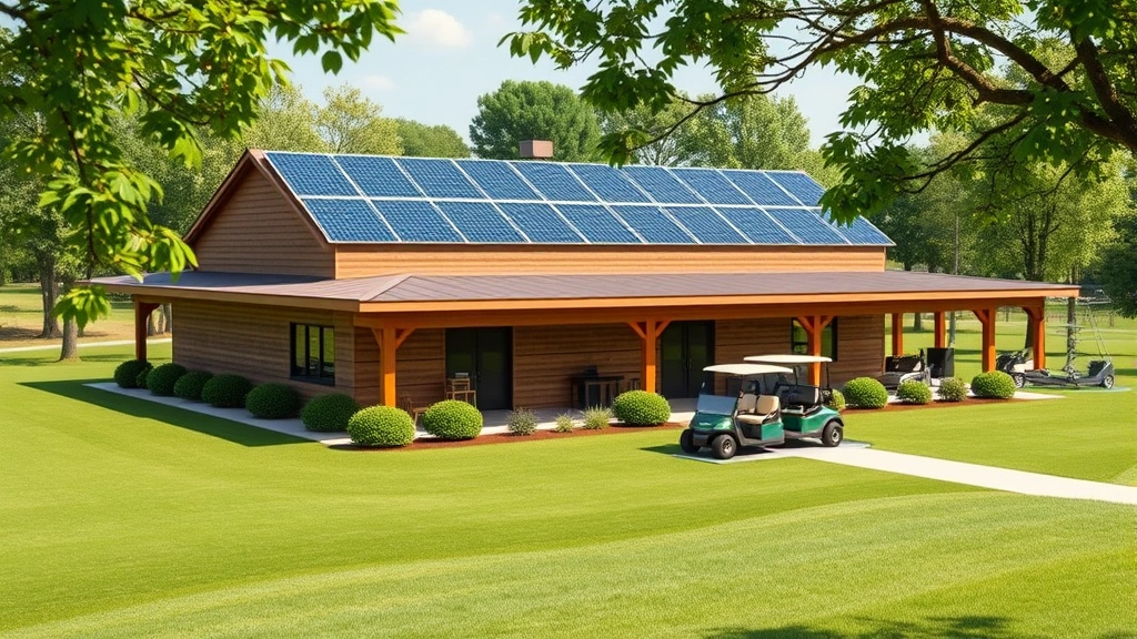 Photorealistic image of a solar panel array installation on top of a golf course maintenance facility building with electric golf carts charging below in dappled shade, natural lighting, no text visible, emphasizing renewable energy integration