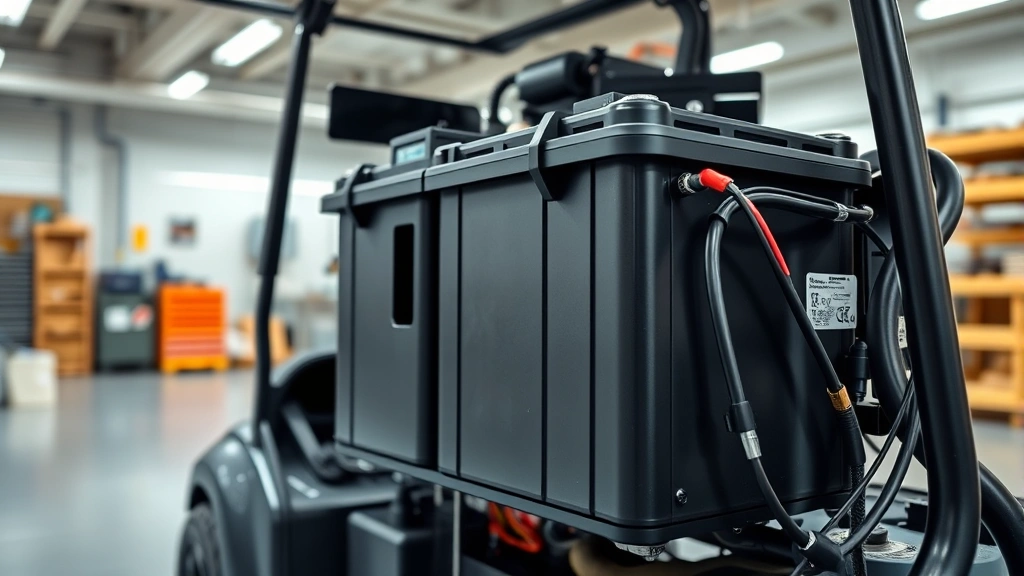 Photorealistic close-up of a modern lithium-ion battery pack for an electric golf cart during assembly or maintenance, showing technical components in a clean workshop environment, no labels or text, professional industrial setting