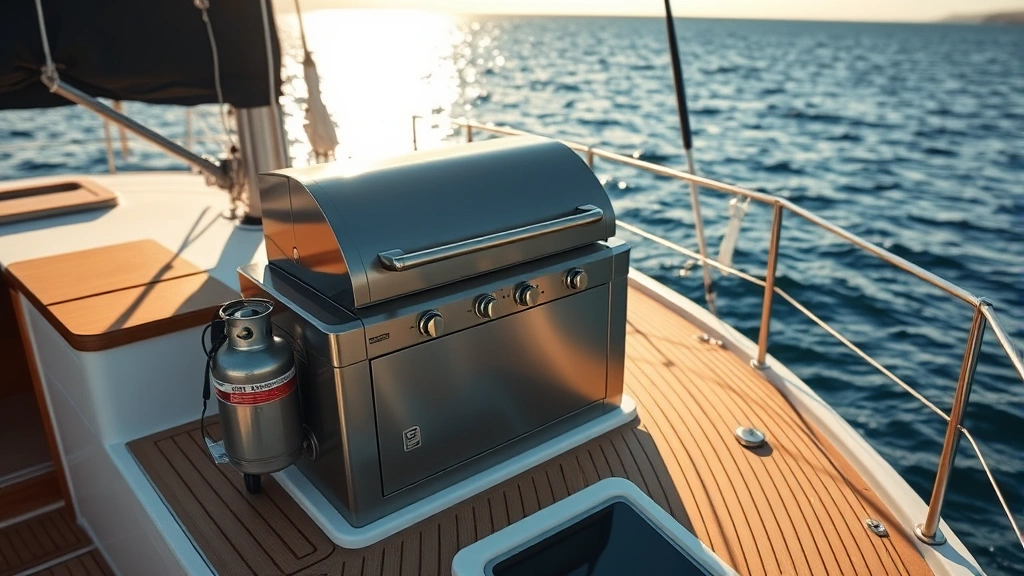 Sleek stainless steel propane grill mounted on teak deck of modern sailboat, ocean horizon in background, morning sunlight reflecting off water, no visible text or labels