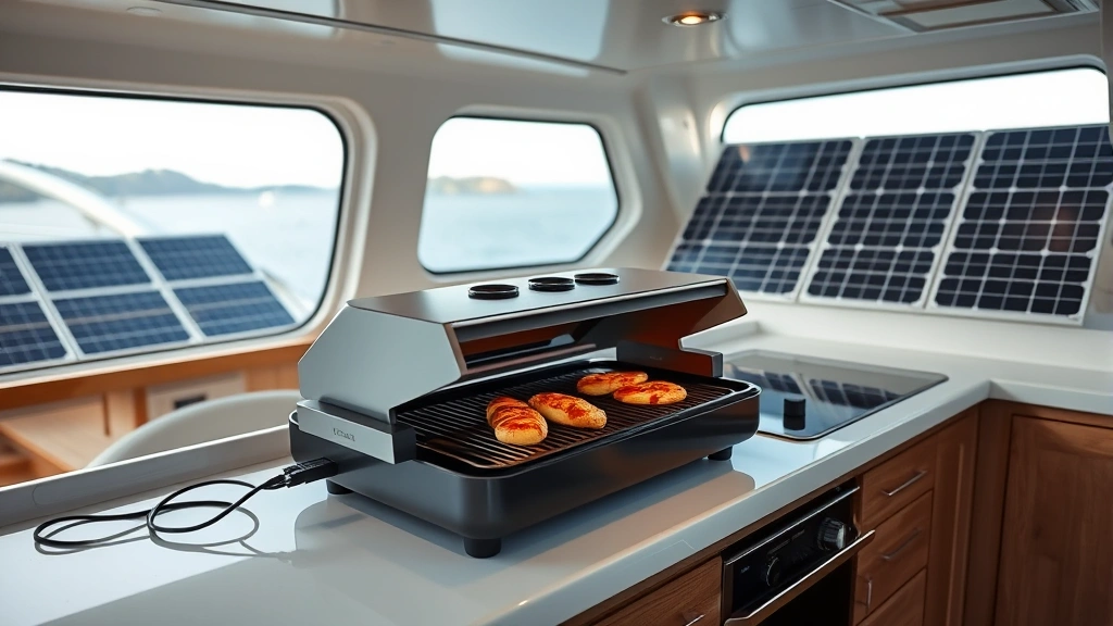 Compact portable electric grill sitting on boat galley counter next to solar panel array, warm cooking glow, marine cabin interior, clean minimalist design