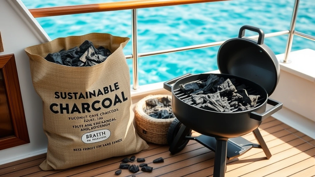 Sustainable charcoal from coconut husks in eco-friendly bag next to small marine-grade charcoal grill on boat deck, crystal clear blue water visible beyond railing, natural lighting