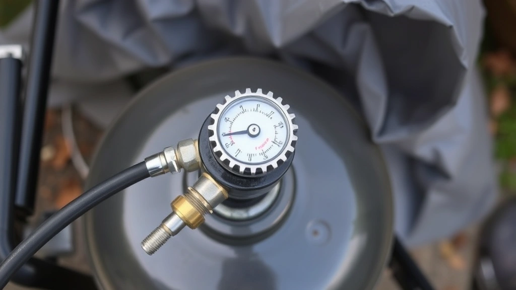 Overhead view of propane tank connection to grill regulator with clean metal fittings, demonstrating proper seasonal storage setup with protective covering in background